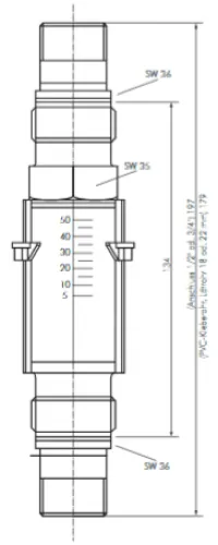 Zeichnung Viskositätskompensierter Durchflussmesser aus Aluminium mit Skala und Gewindeanschlüssen